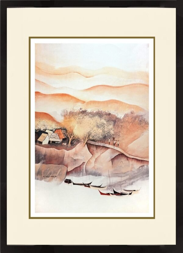 Tay bak koi singapore artist Landscape in Fantasy Idyllic Rural Life Scenes painting, Sunset Bay (R) (S/N Limited Edition) fishing villages, kampung scenes and urban landscapes.